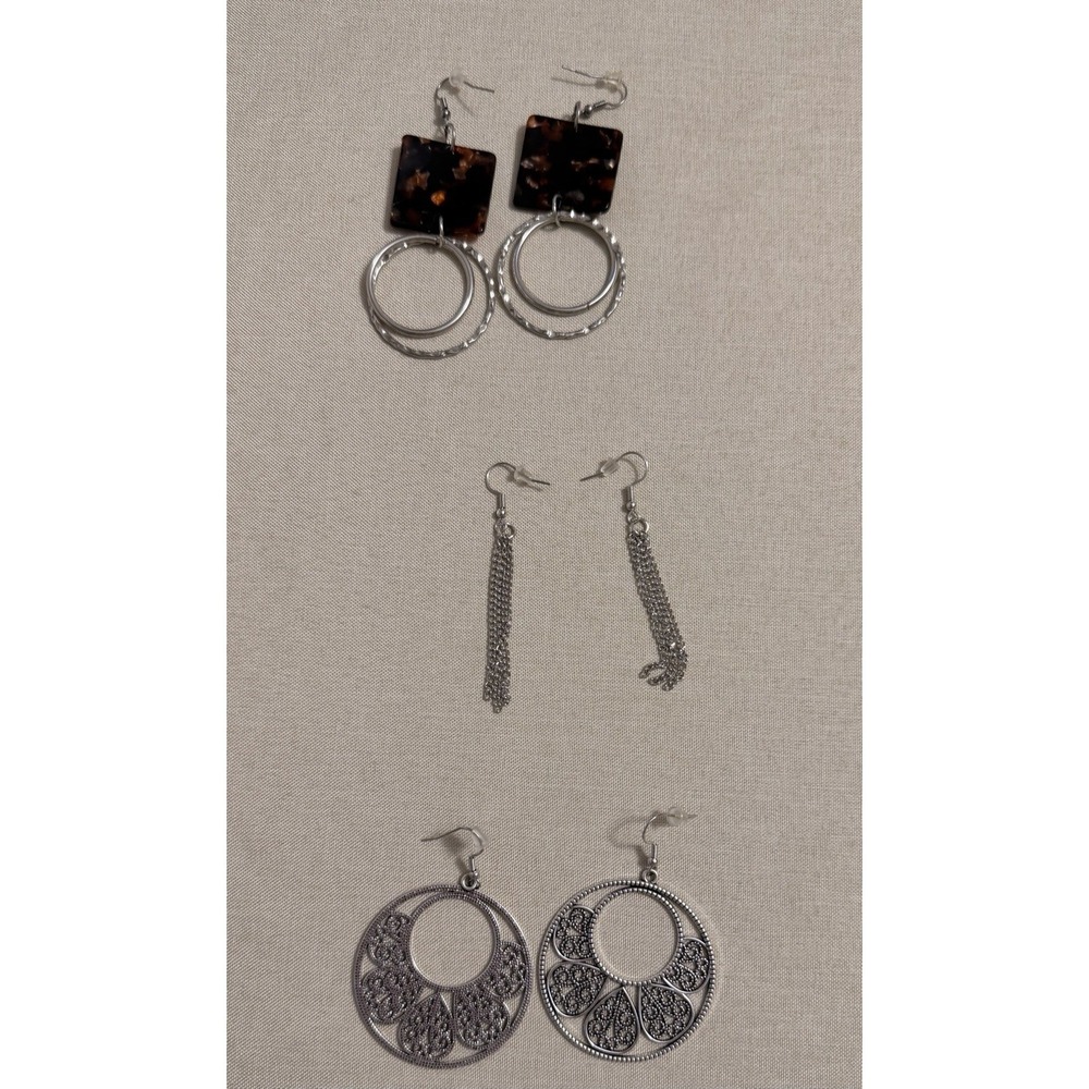 Boho Statement Earrings Lot 3 Silver Tassel Hoop Tortoise Dangle Chic Set EUC